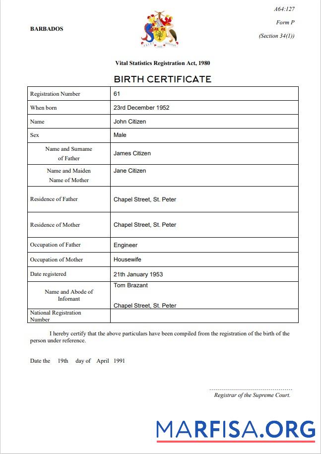 Blank Barbados birth certificate template in Word and PDF format